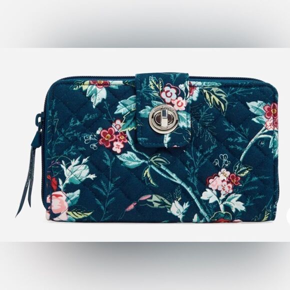 Vera Bradley Handbags - Vera Bradley RFID Turnlock Wallet Dark Blue Floral Rose Toile Cotton